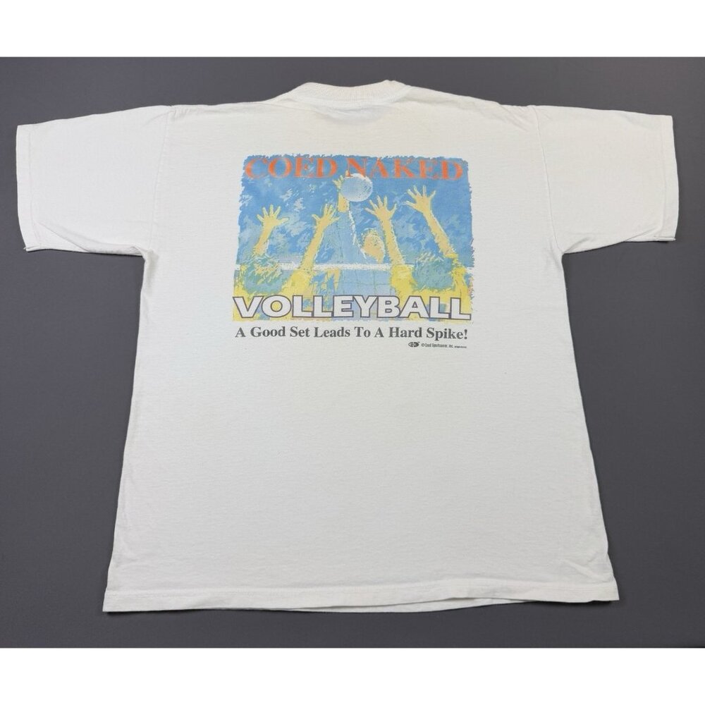 Rare Vintage 90s Coed Naked Volleyball Hard Spike Art White XL USA Made Tee Fun